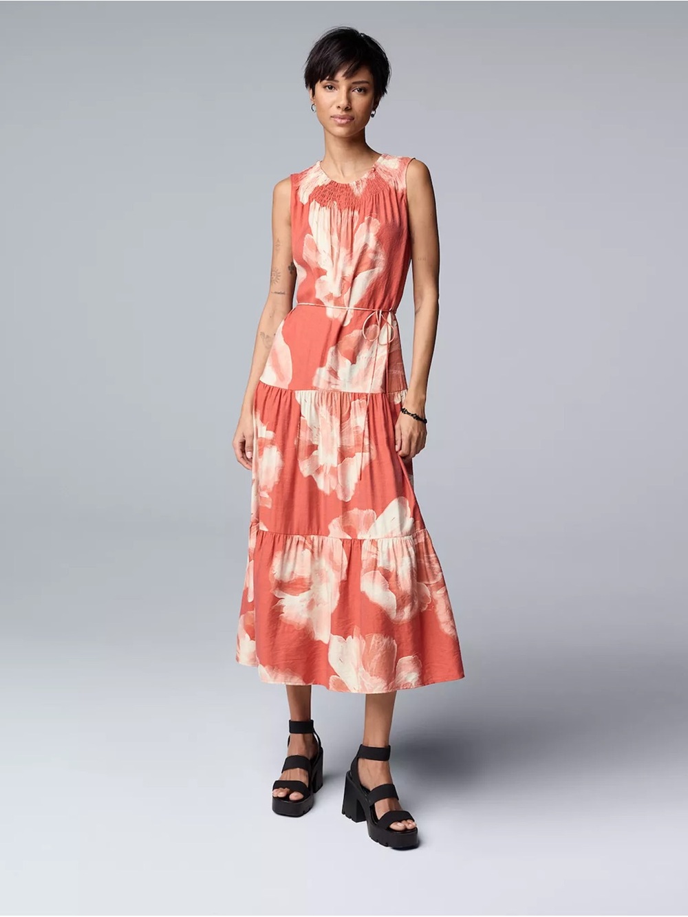 Simply Vera Vera Wang Coral and Cream Floral Maxi Dress
